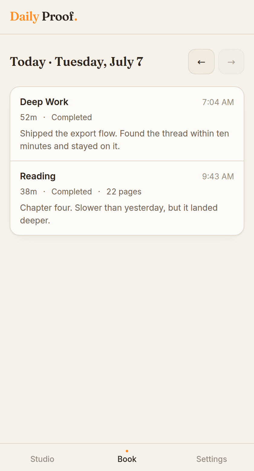 The Proof Book showing a day of saved sessions