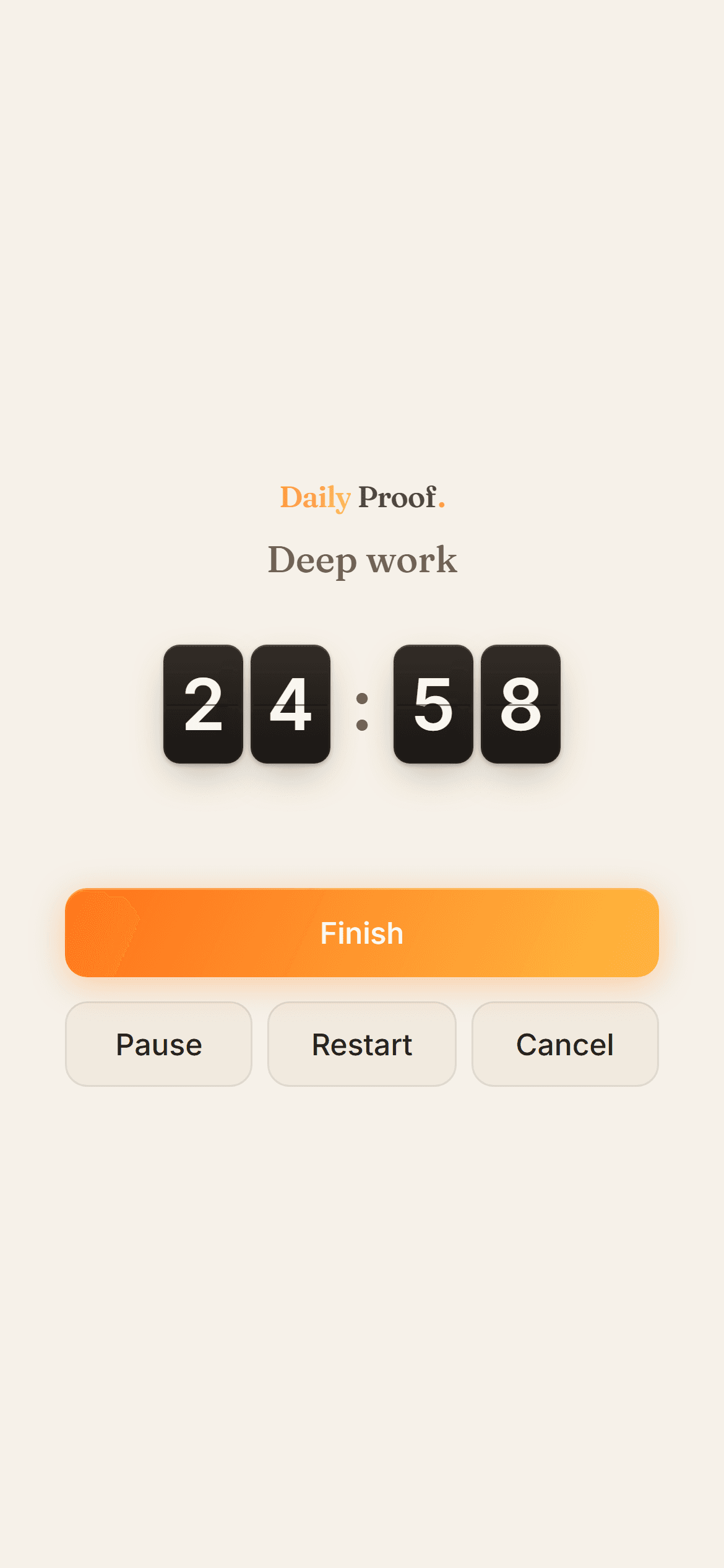 A Timer session counting down in Daily Proof Focus mode