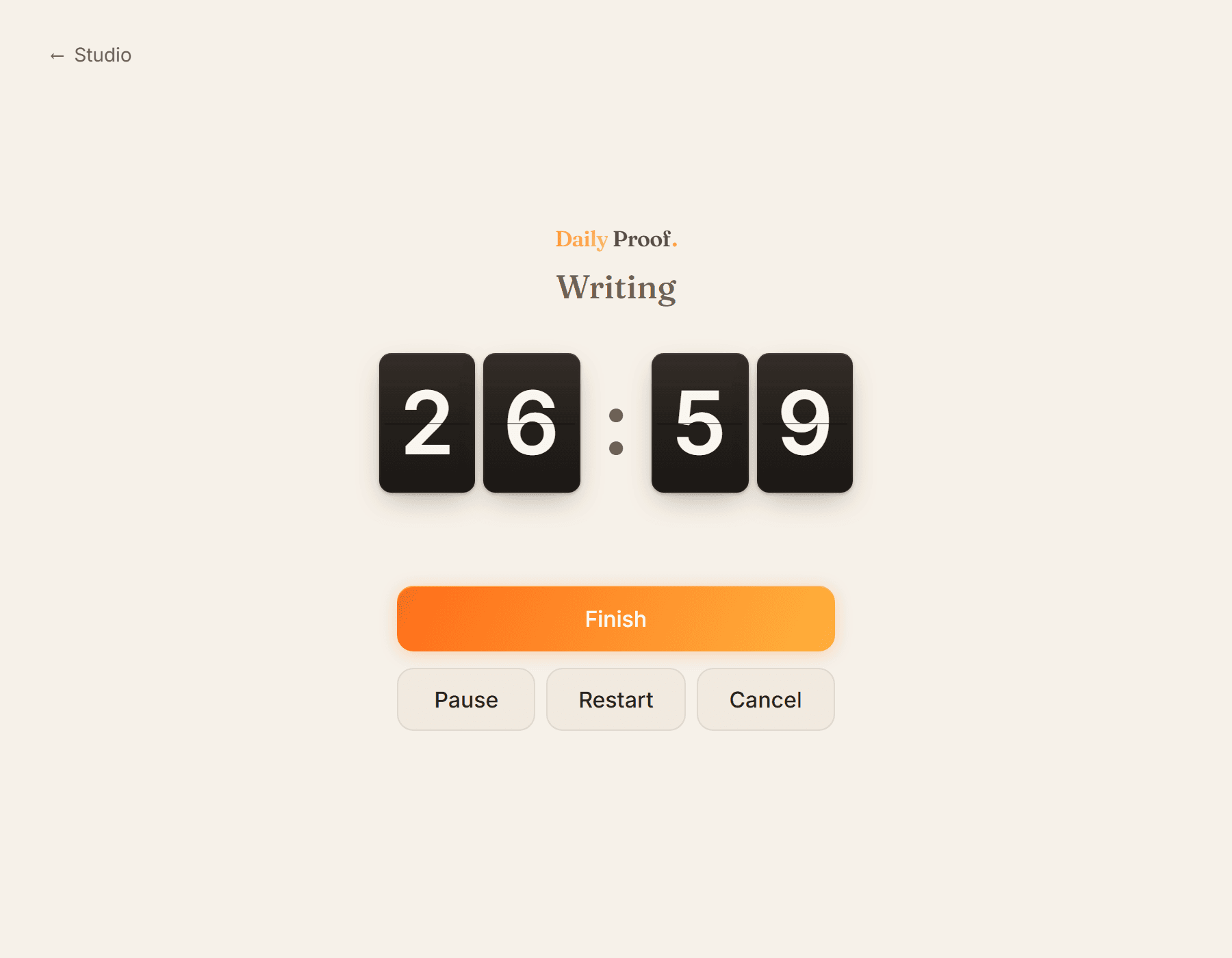 A Timer session counting down in Daily Proof Focus mode