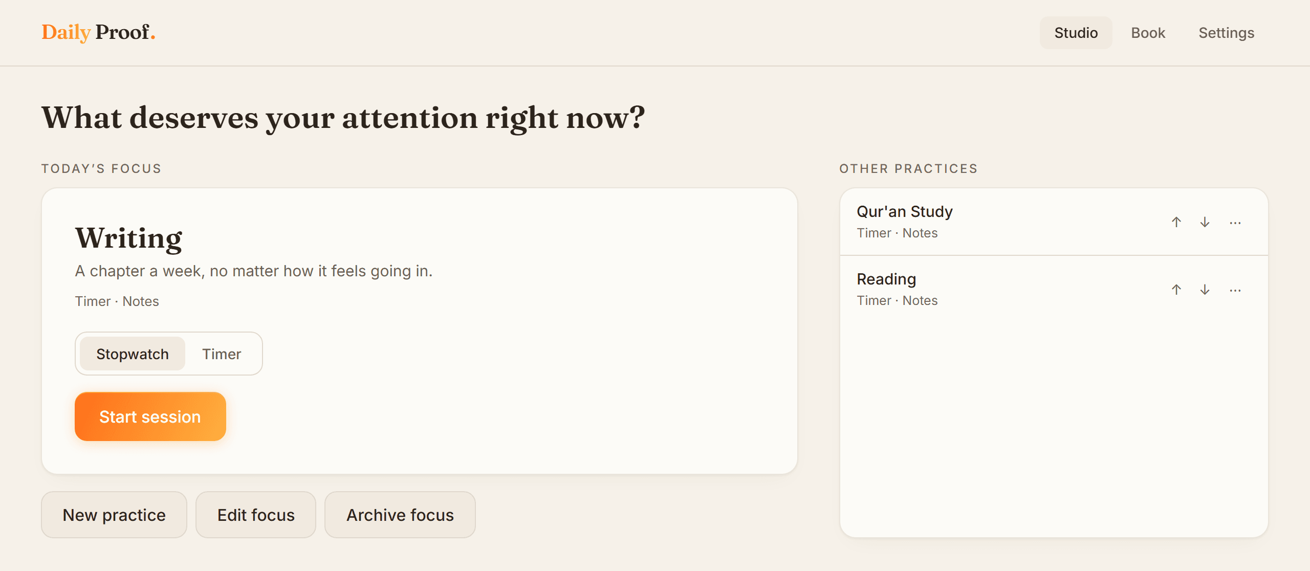 Choosing today's focus in Daily Proof Studio